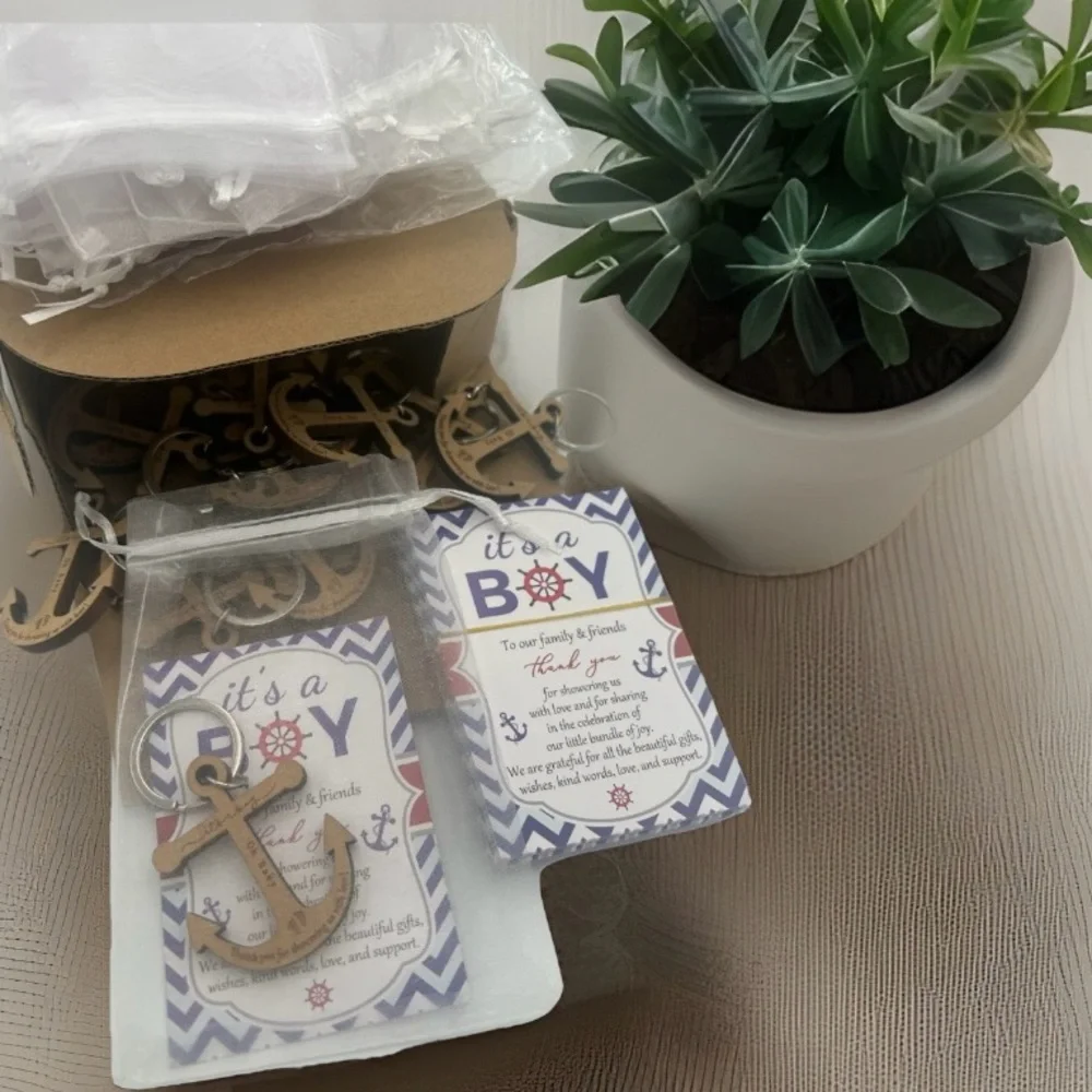 It's A Boy Anchor Keychain 50 Nautical Baby Shower Thank You Cards - Gift Sets